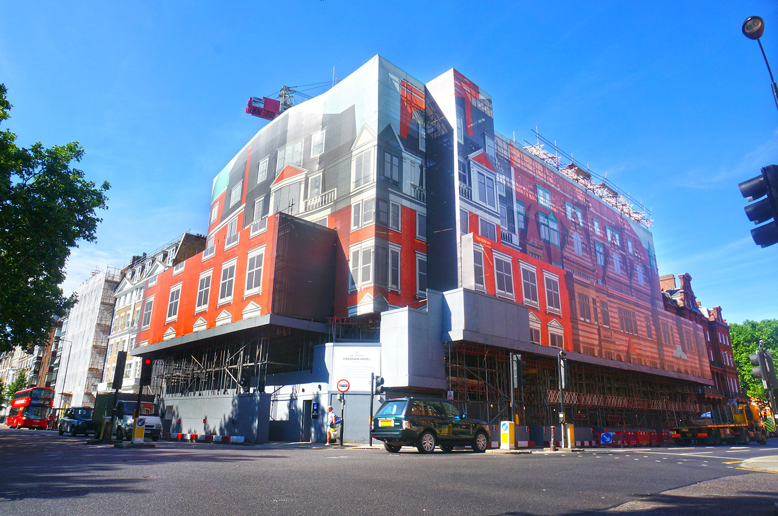 Printed scaffolding covers on a building in London