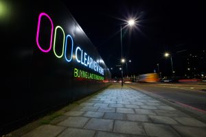 Picture of Hoarding Graphics for Clearview Homes at night