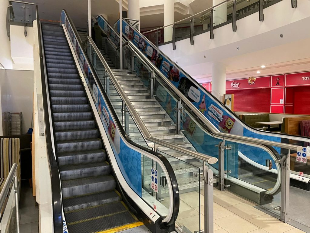 View of Nickelodeon's escalator graphics